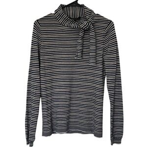 BCBGMaxAzria Merino Wool Striped Knit Tie Mock Neck Navy White Sweater Top Sz M